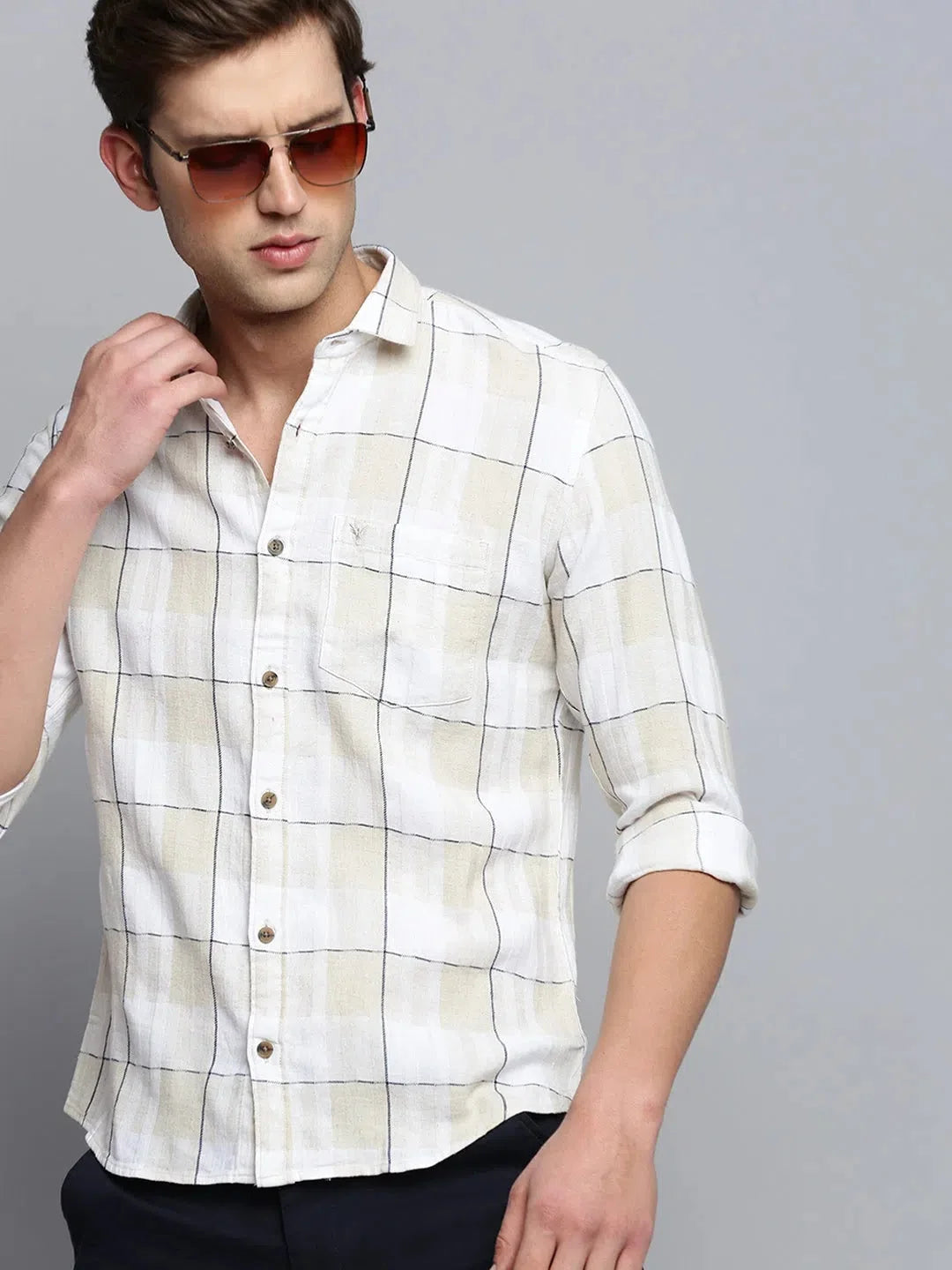 Men's White Checked Casual Shirt - Cotton Mens Shirt