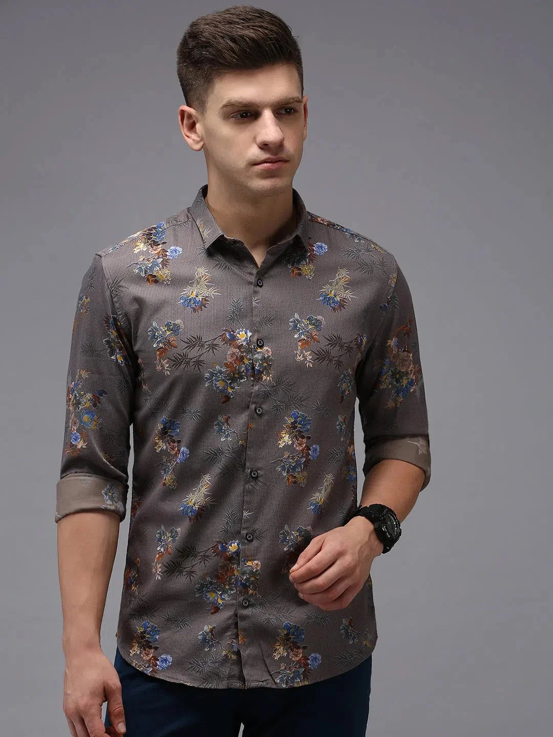 Men's Grey Printed Shirt - Cotton Casual Shirt | DesiQlo