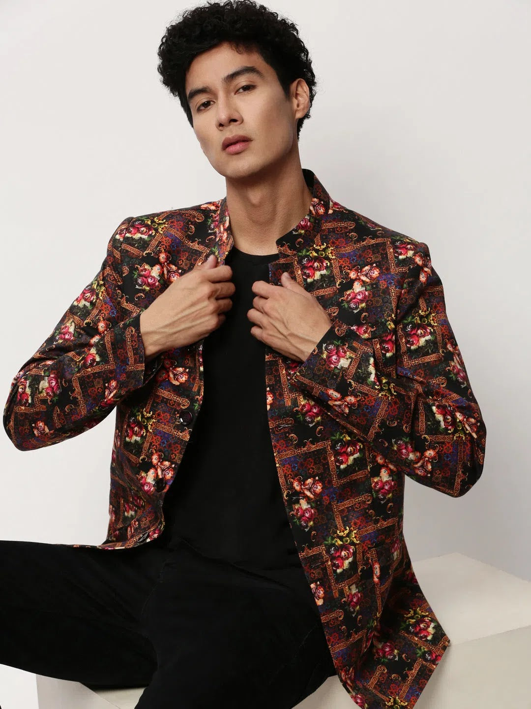 Black Print Blazer - Men's Indian Nehru Jackets Alternative