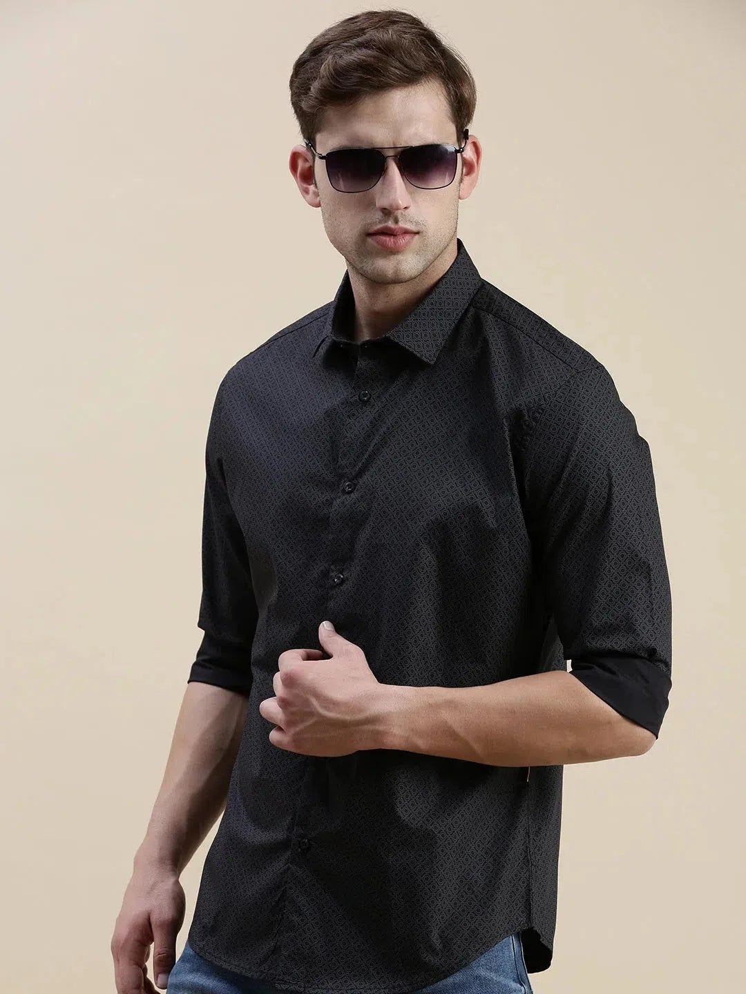 Black Geometric Mens Shirt | Trendy Cotton Printed Shirt