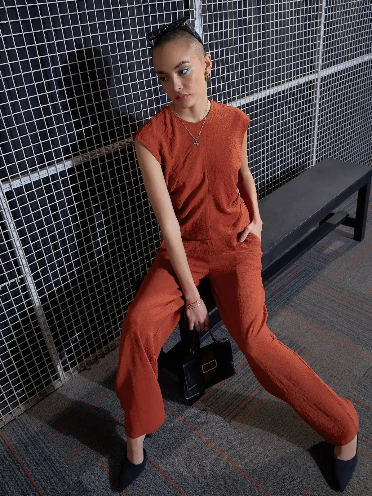 Rust Sleeveless Co Ord Sets Women: Pleated Top & Pants