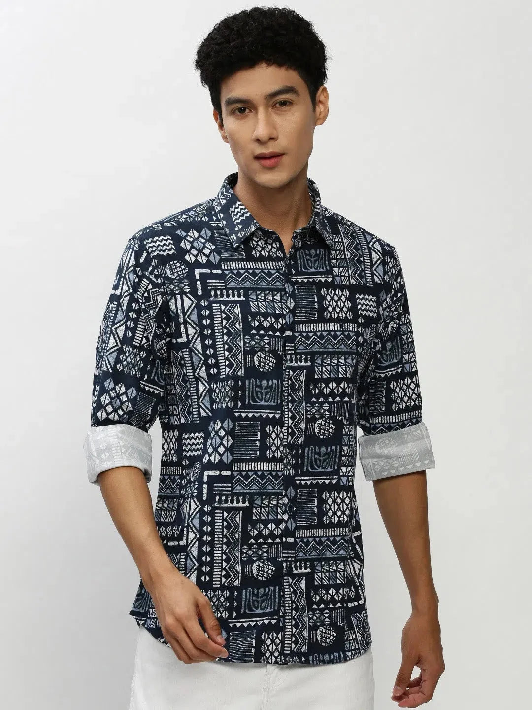 Men's Navy Geometric Cotton Shirt - DesiQlo Casual Shirts