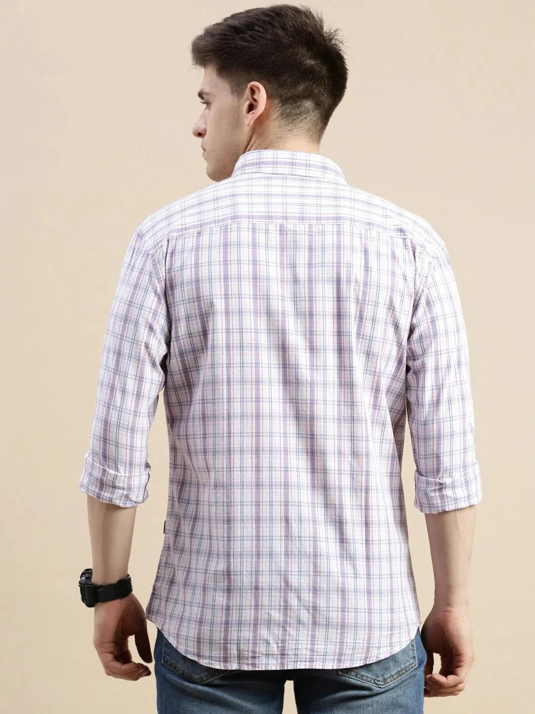 Men's Cream Checked Cotton Shirt - Casual Mens Shirt