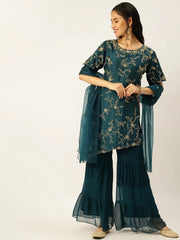 Women's Blue Solid Kurta SetsB-48757-Teal