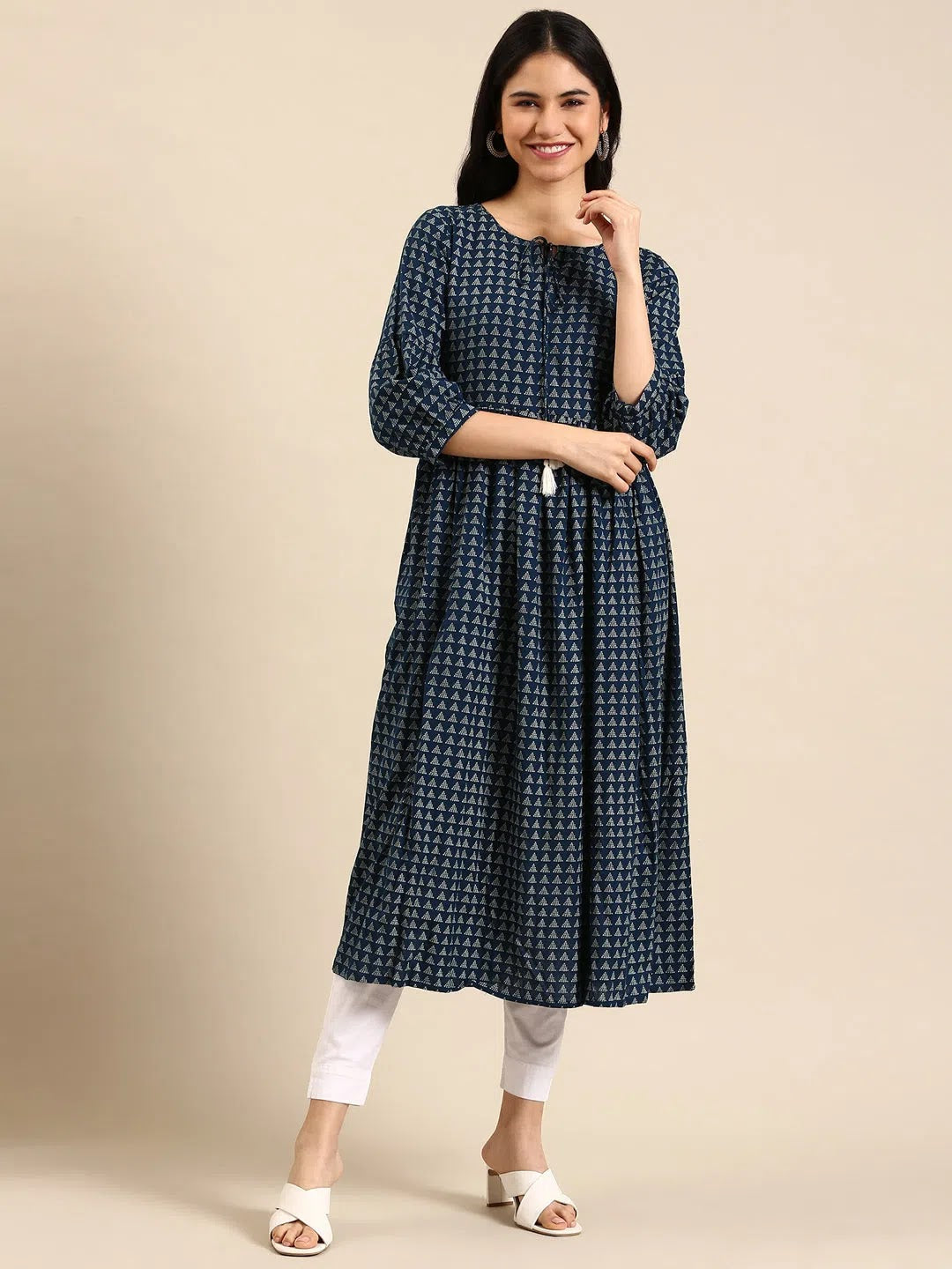 Blue Printed A-Line Kurtas | Indian Kurta for Women - DesiQlo