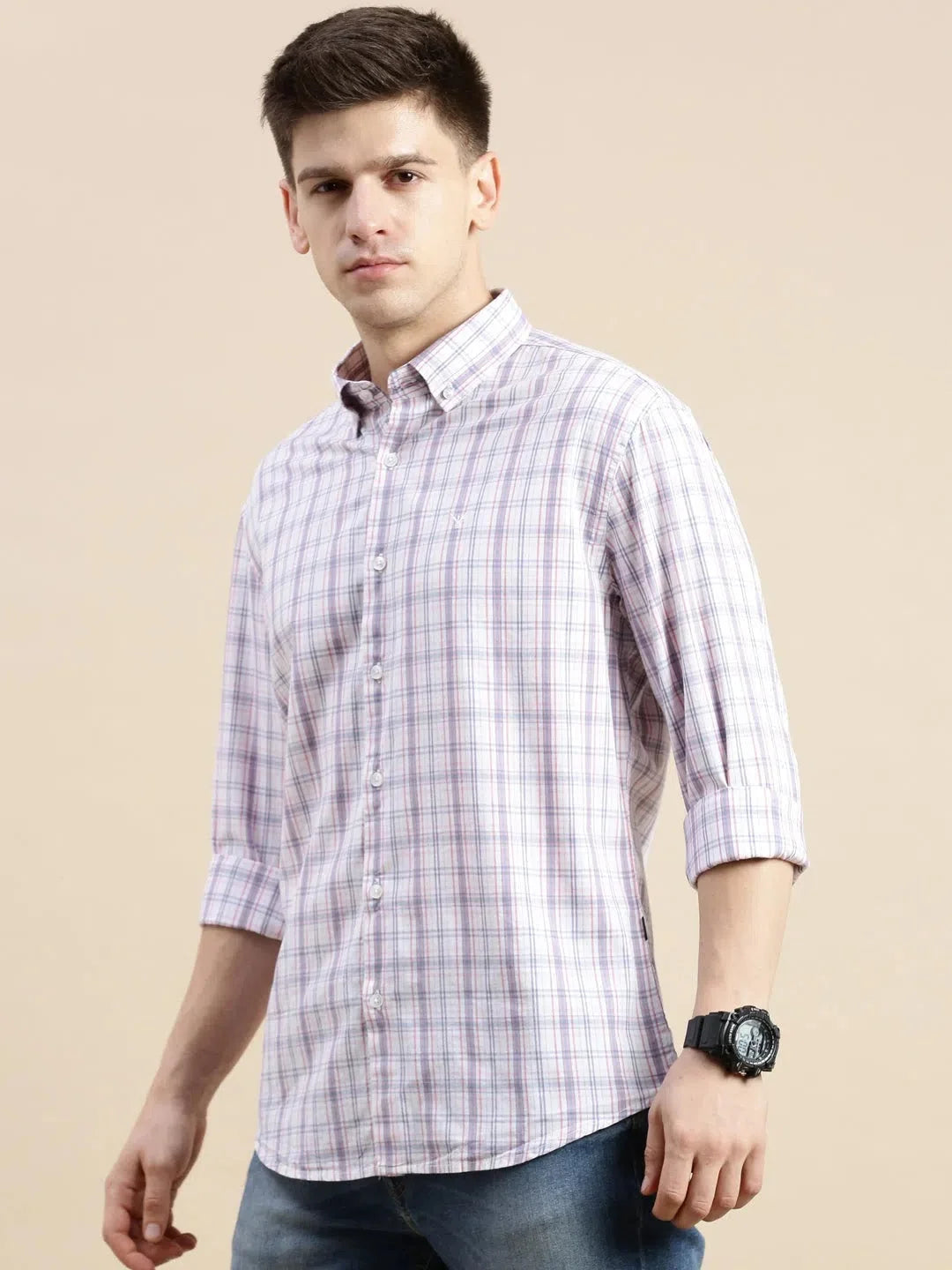 Men's Cream Checked Cotton Shirt - Casual Mens Shirt