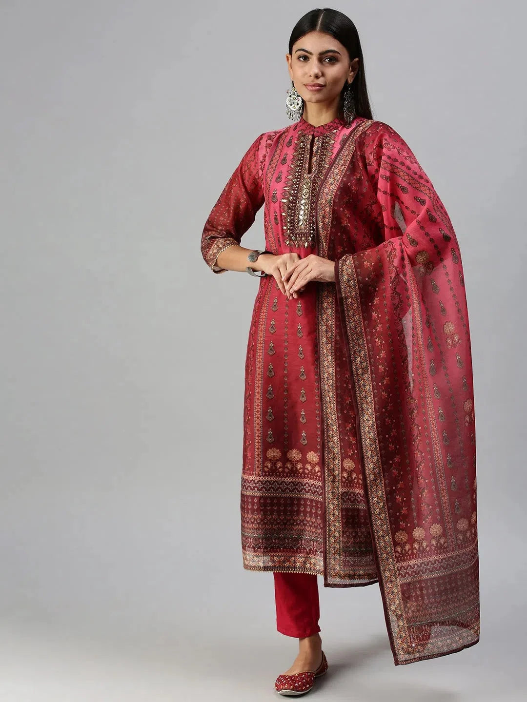 Maroon Printed Cotton Kurta Sets | Women's Indian Kurta Sets