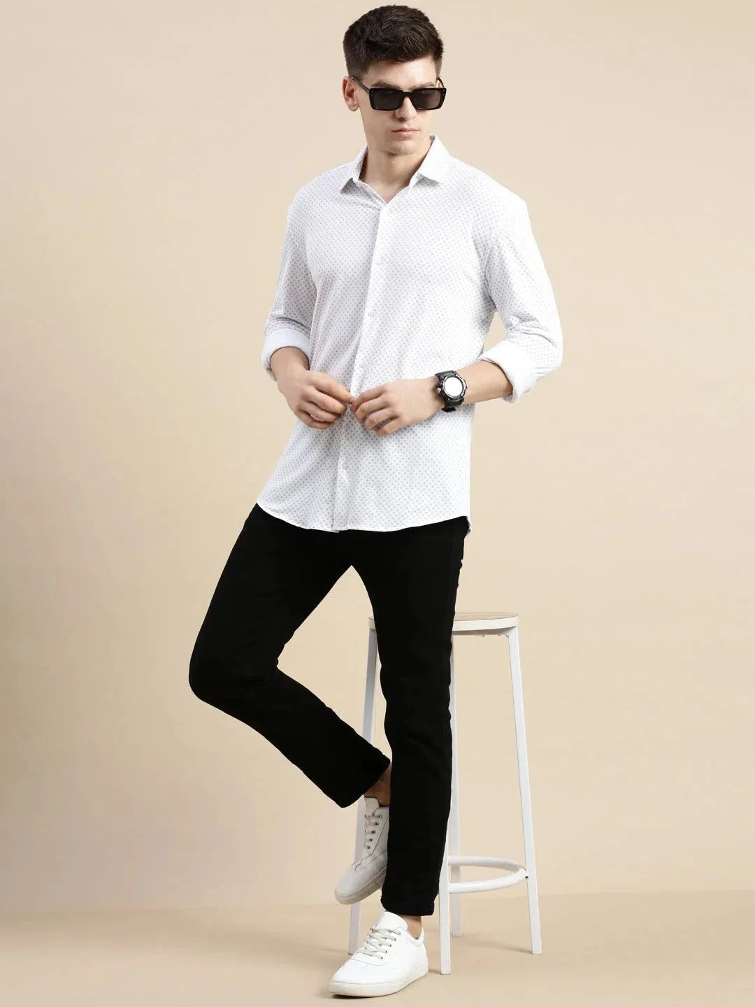 White Geometric Cotton Mens Shirt - Modern Casual Style