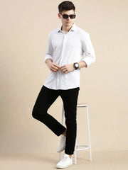 Men White Geometrical Casual Shirt-CELLOKNITS-4967-Offwhite