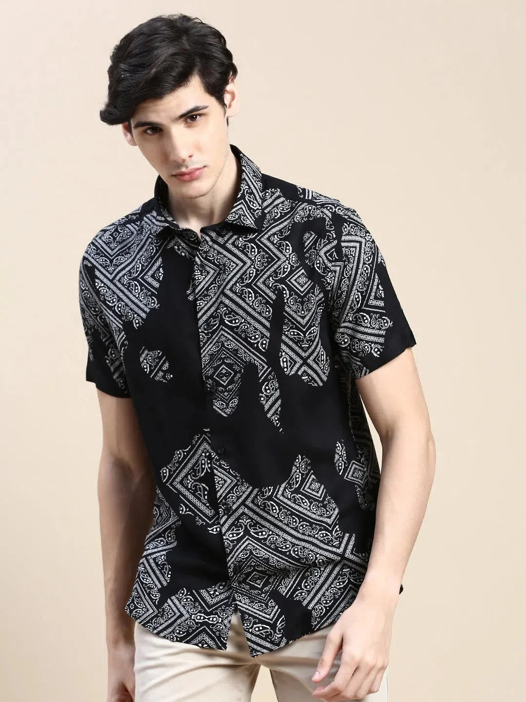 Mens Black Printed Shirt - Cotton Casual Shirt | DesiQlo