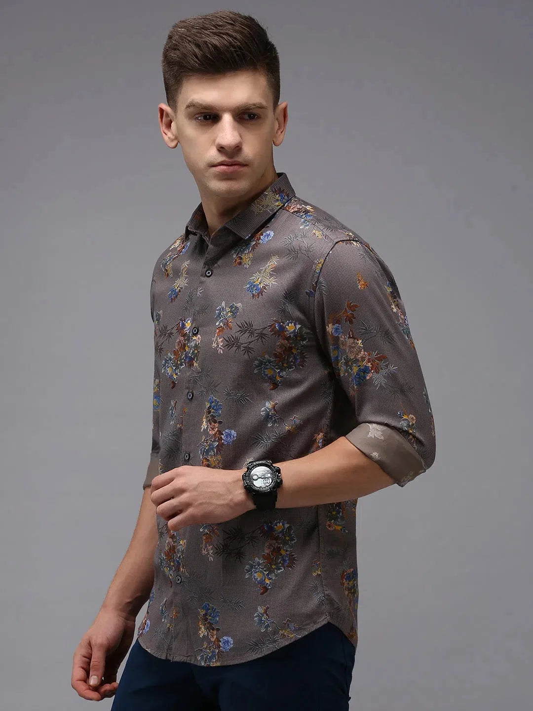 Men's Grey Printed Shirt - Cotton Casual Shirt | DesiQlo