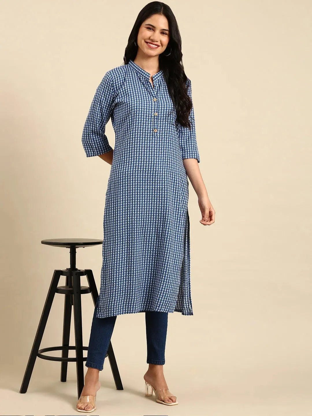 Blue Printed Cotton Kurta | Stylish Indian Kurtis for Ladies