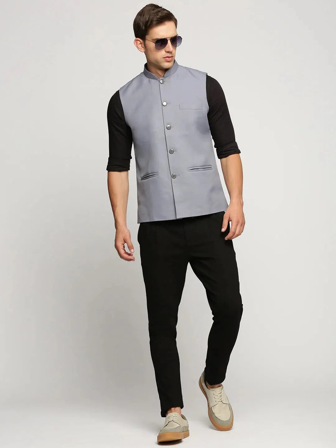Mens Grey Nehru Jacket | Solid Cotton Kurta Pajama Set