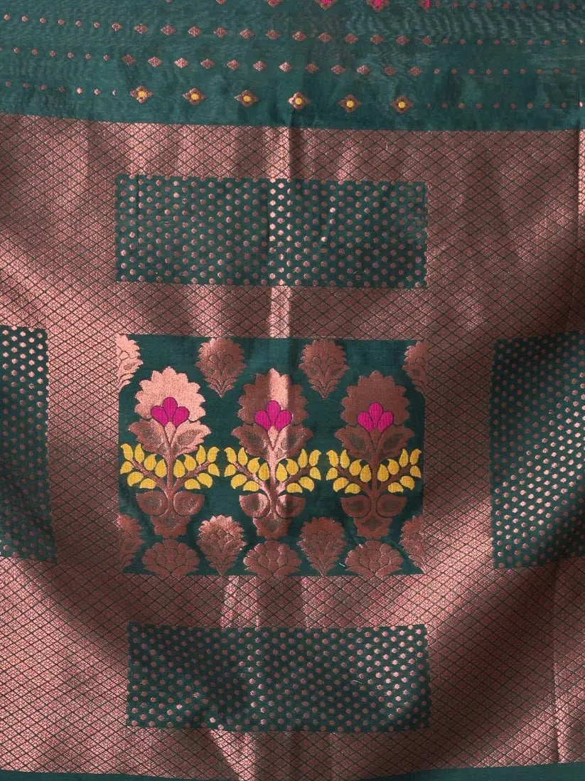 Forest Green Cotton Indian Sari with Zari - MA64BCT401380027