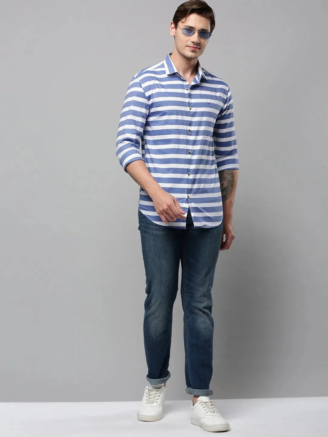 Blue Striped Cotton Shirt - DesiQlo Mens Casual Shirt