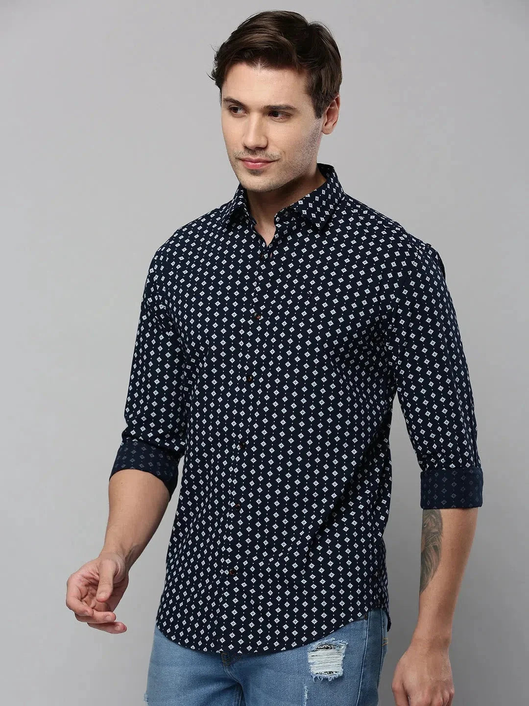 Stylish Navy Printed Mens Shirt - DesiQlo Casual Cotton Shirt