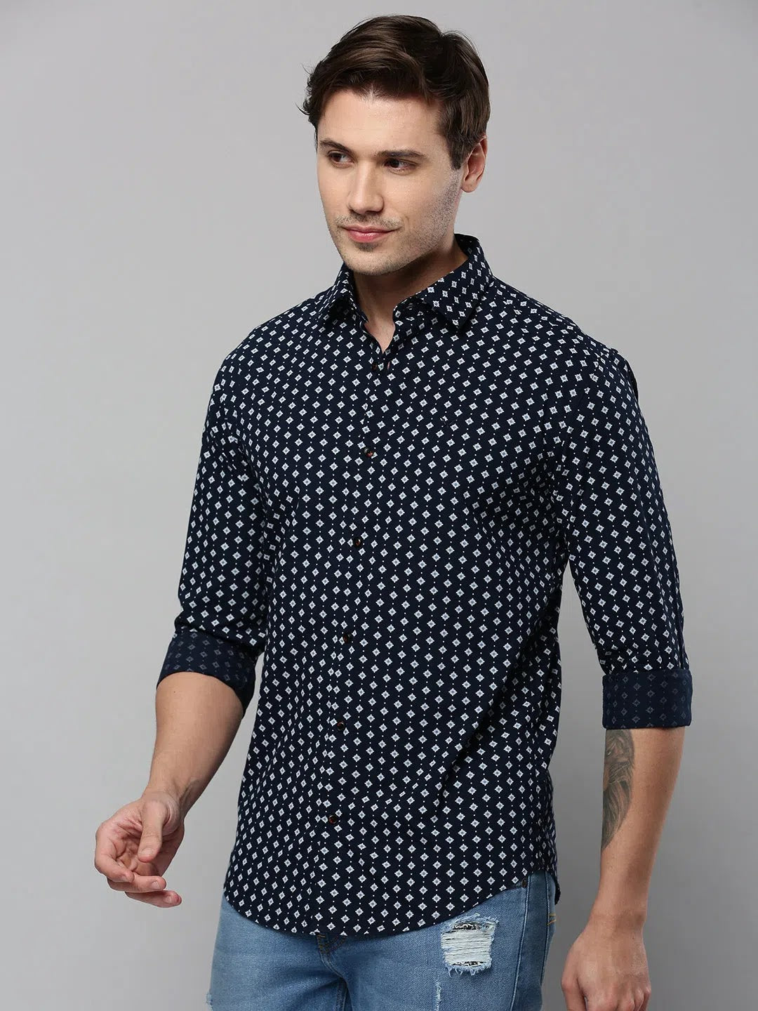 Stylish Navy Printed Mens Shirt - DesiQlo Casual Cotton Shirt