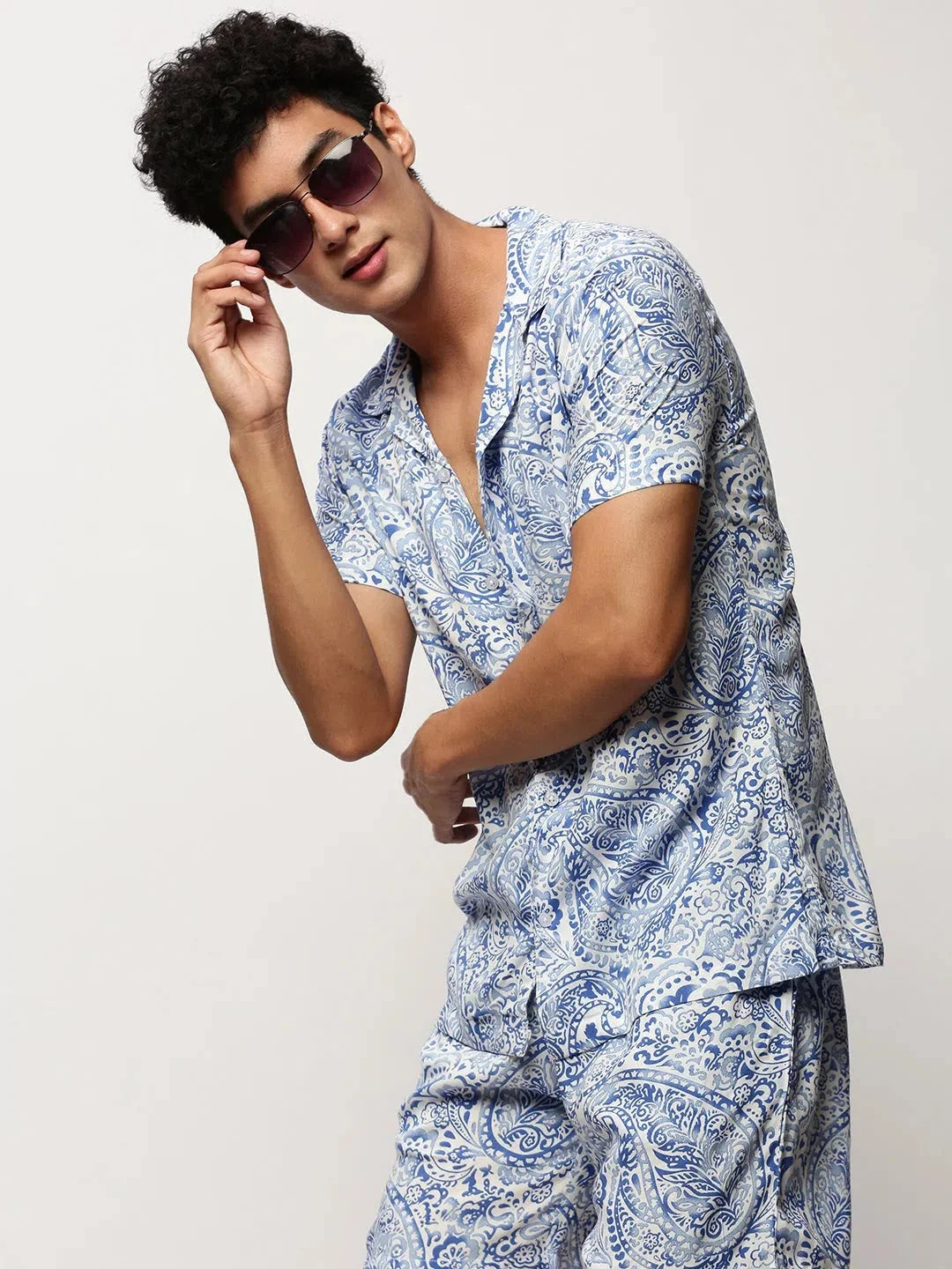 Men's White Printed Casual Co Ord Set | Cotton Two Piece Sets