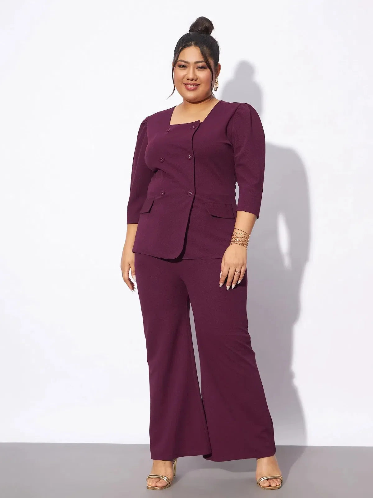 Burgundy Top & Straight Pants | Women's Button Detail Set
