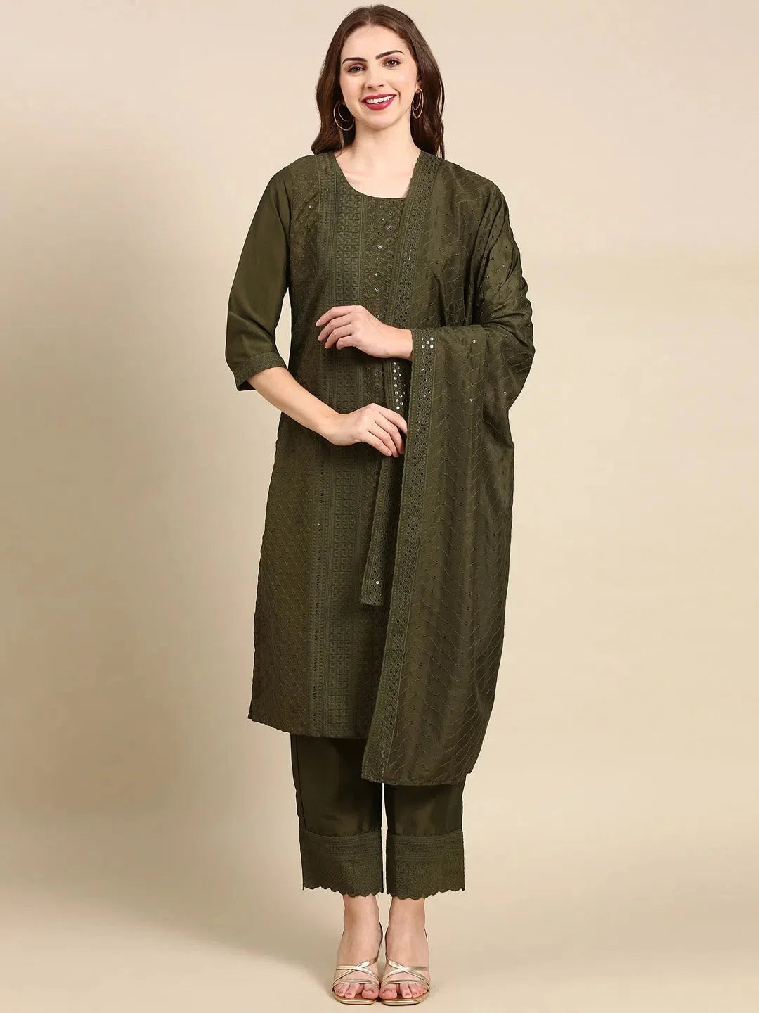 Olive Women's Kurta Sets | Solid Polyester Indian Kurta Sets