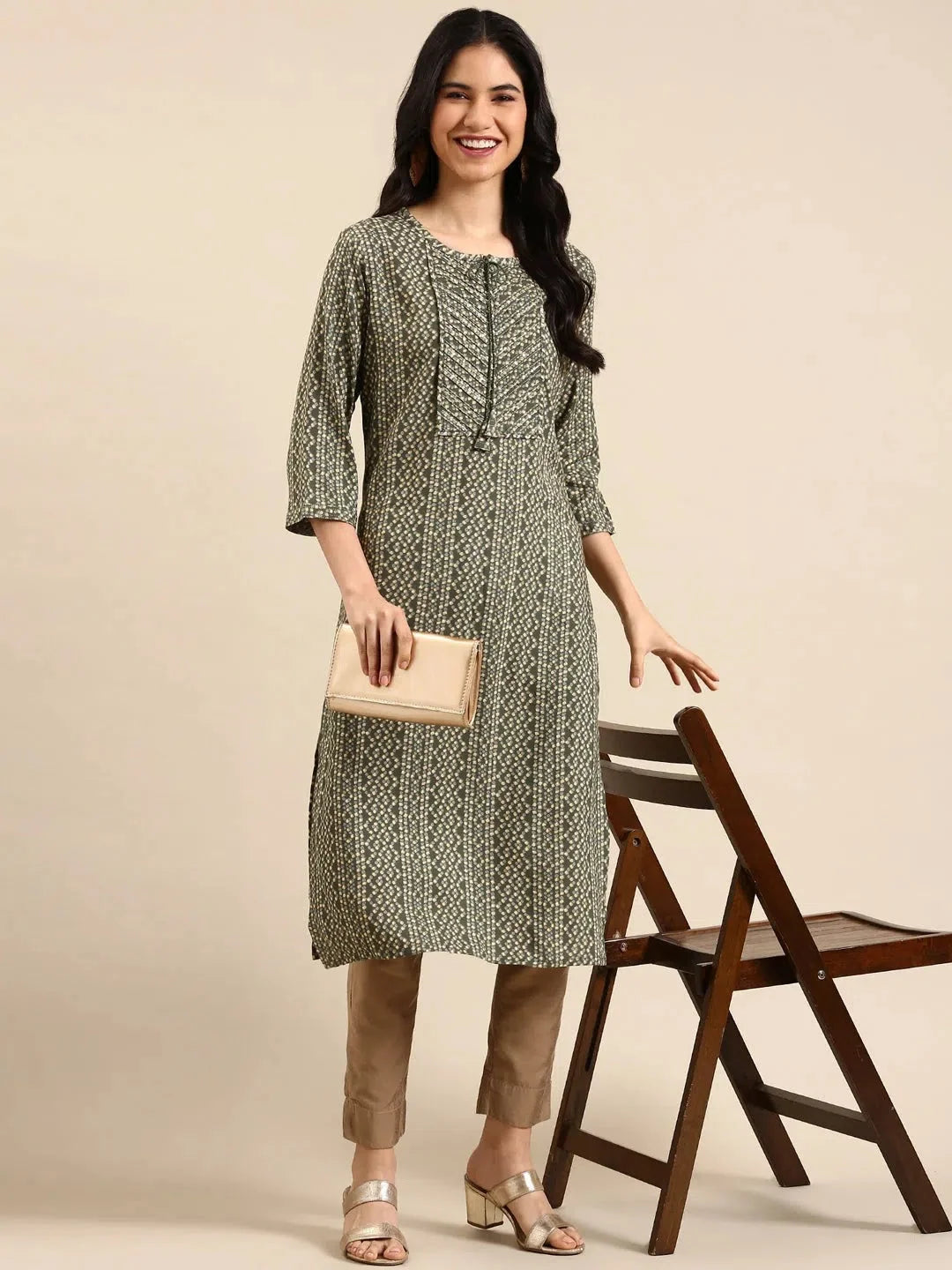 Olive Printed Cotton Kurta for Women | DesiQlo Indian Kurtis