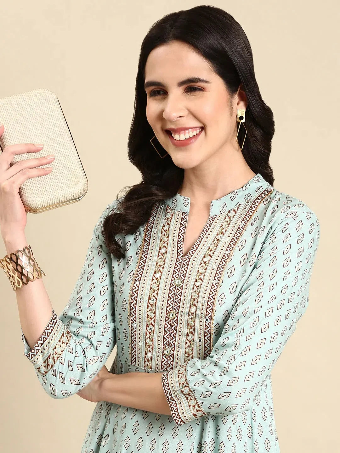 Turquoise Blue Printed Anarkali Kurta - DesiQlo Cotton Kurta