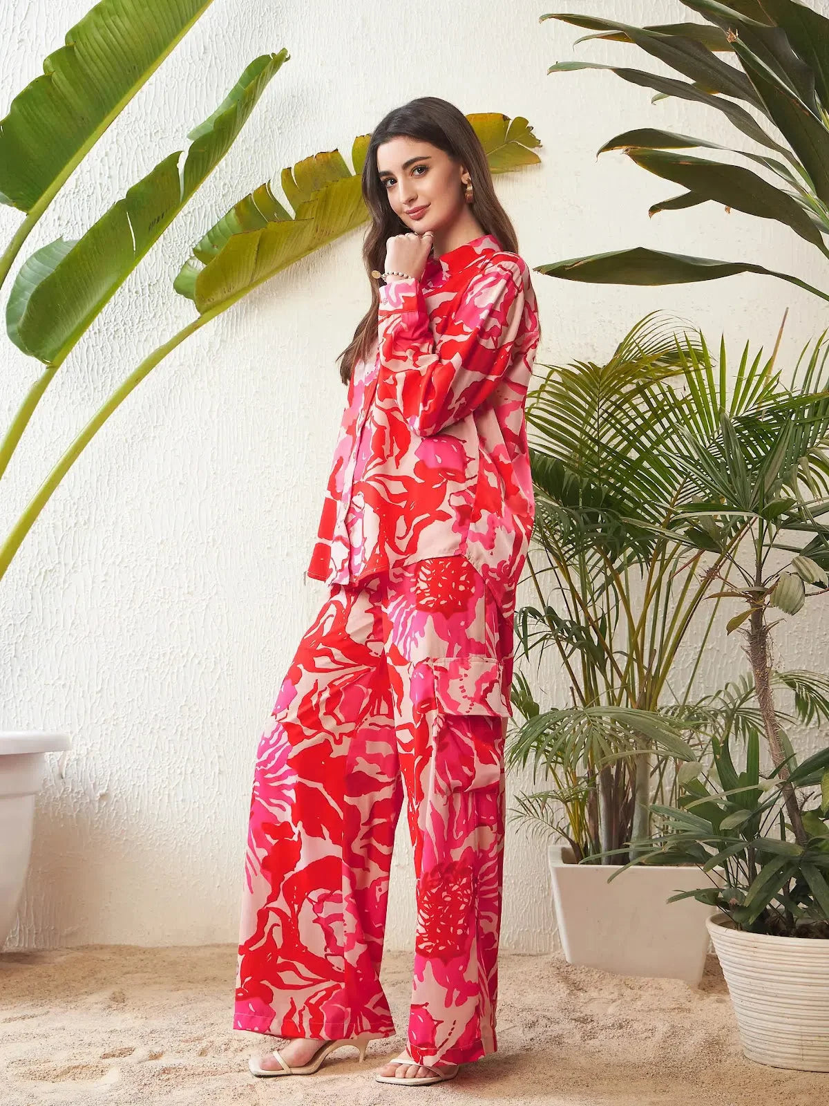 Red Floral Indian Suits - Oversize Shirt & Box Pocket Pants