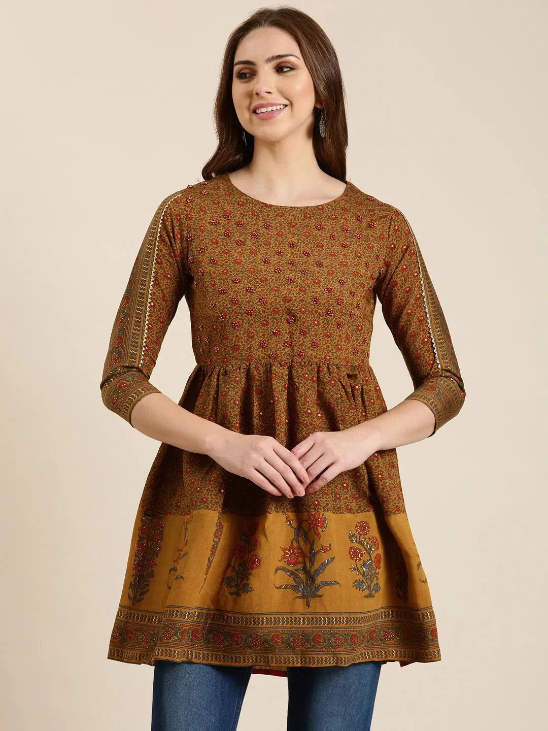 Mustard Floral A-Line Kurti - Stylish Indian Kurta for Women