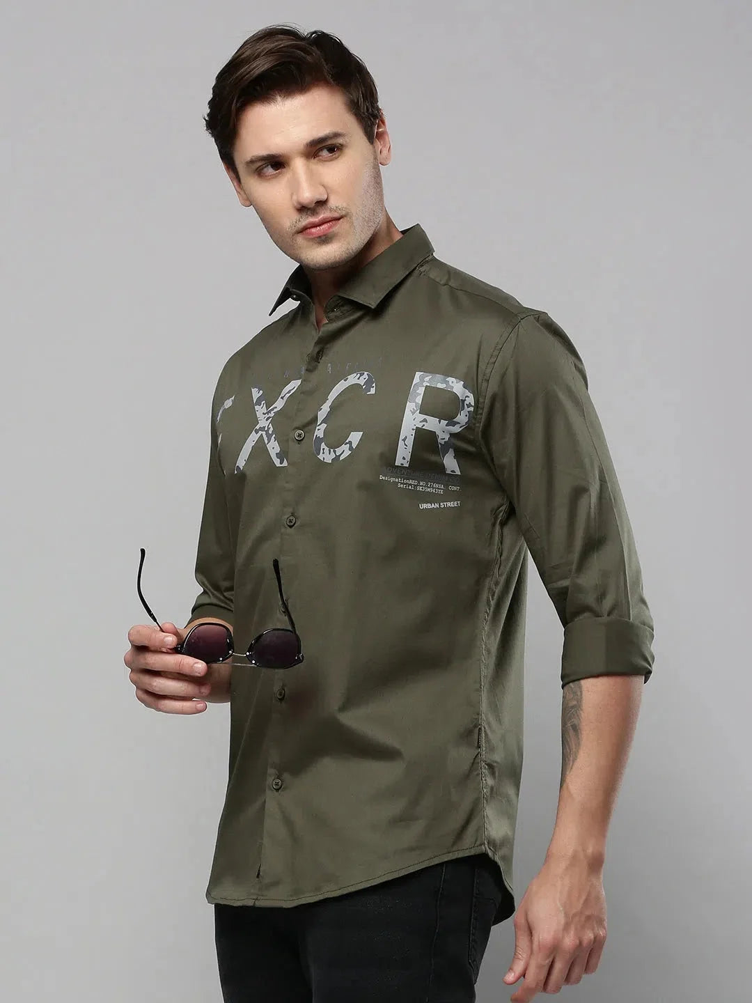 Men Green Printed Casual Shirt-JINATWILL-4733-Olive