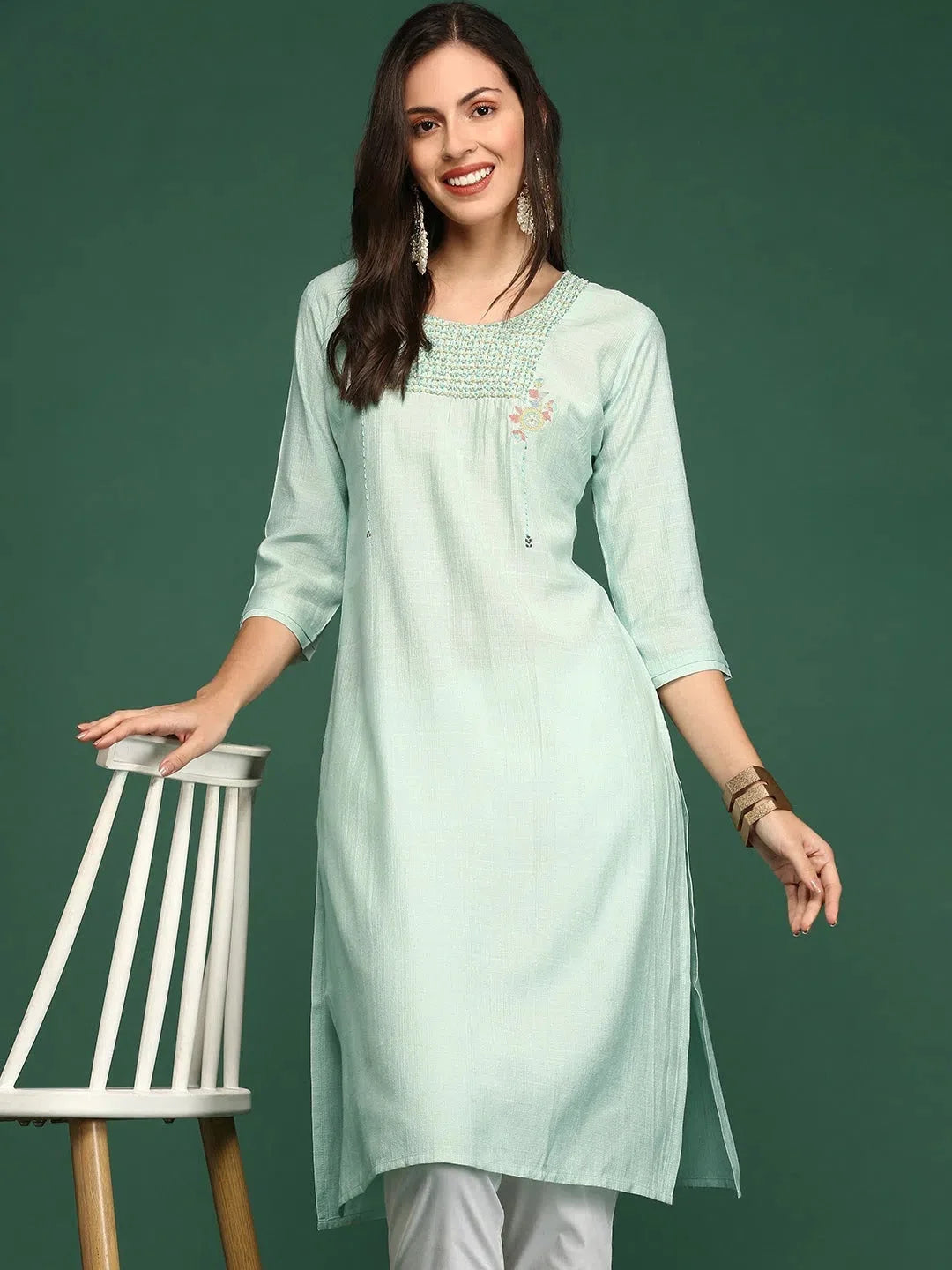 Green Embellished Cotton Indian Kurta for Women | DesiQlo