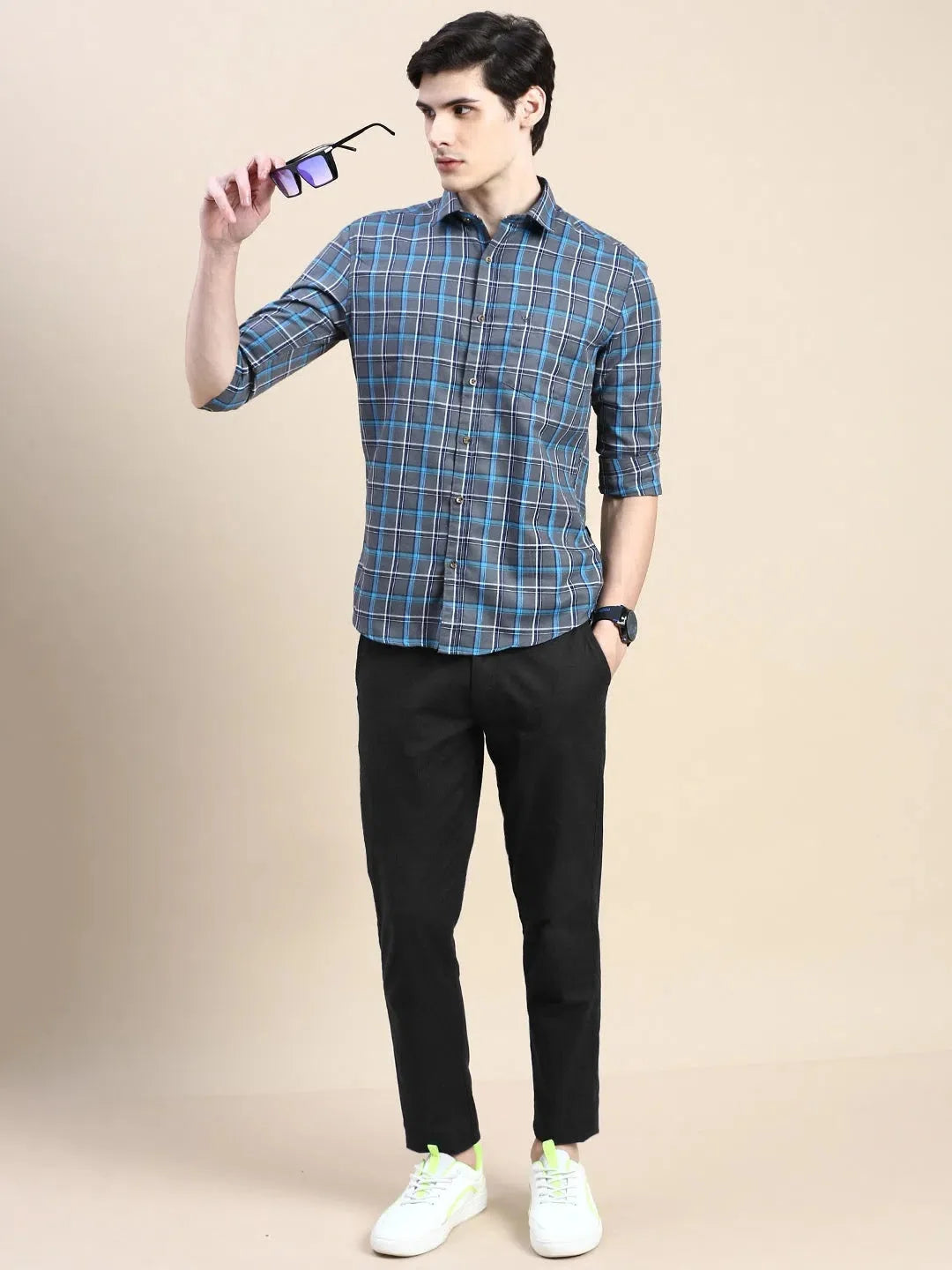 Grey Checked Cotton Mens Shirt - Casual Style