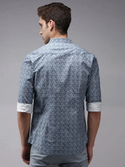 Men Blue Printed Casual Shirt-OMANPRINT-1583-Navyblue