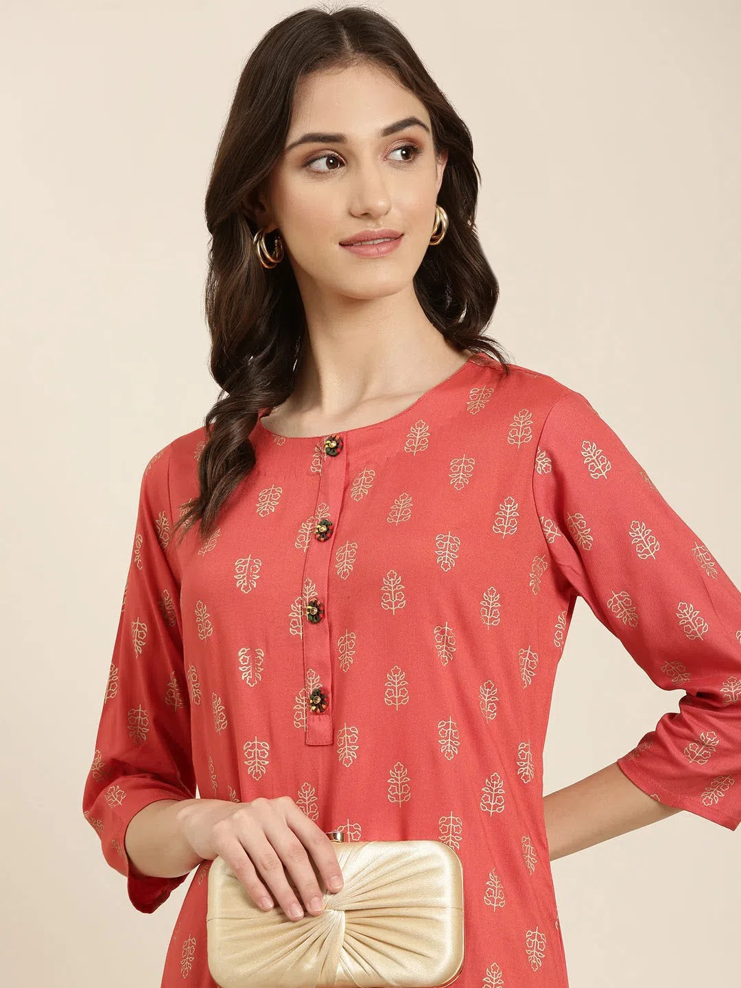 Coral Floral Print Cotton Indian Kurta Ladies - DesiQlo