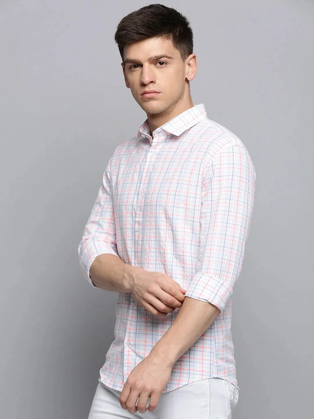 Men's White Checked Shirt - Cotton Casual Shirt Online