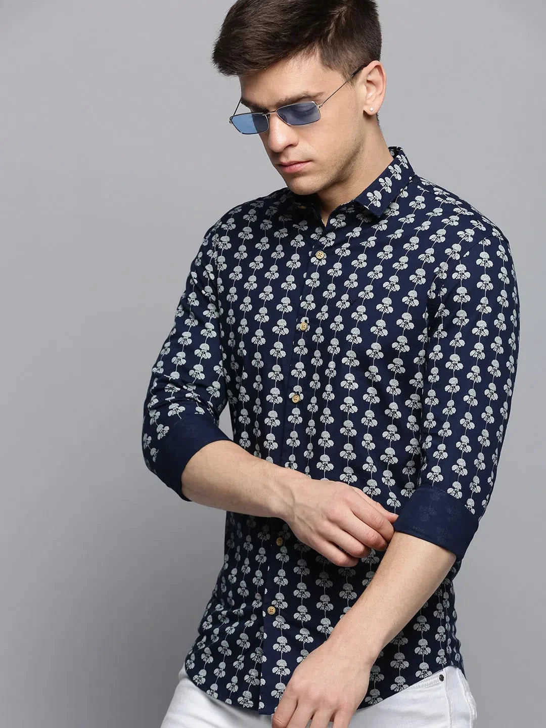 Shop Navy Printed Mens Shirt - DesiQlo Cotton Casual Shirt
