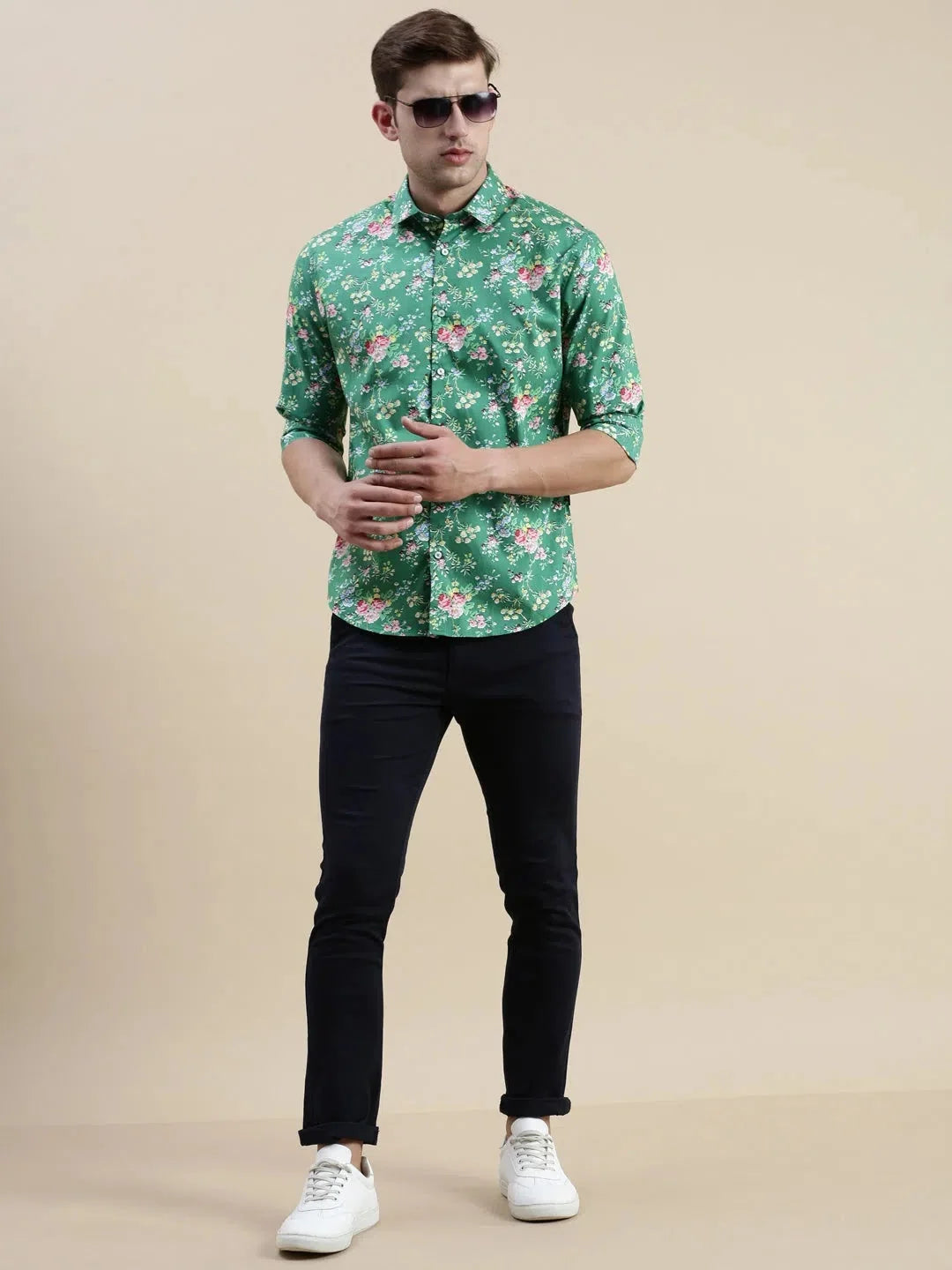Green Floral Mens Shirt - Printed Cotton Shirt by DesiQlo