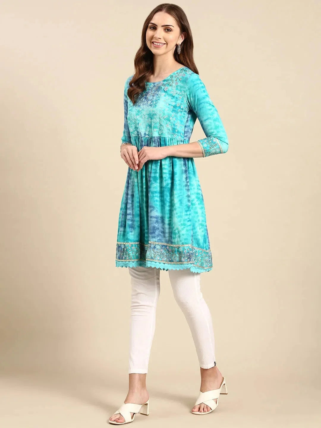 Turquoise Tie Dye Anarkali Kurta - Cotton Anarkali Kurtis for ...