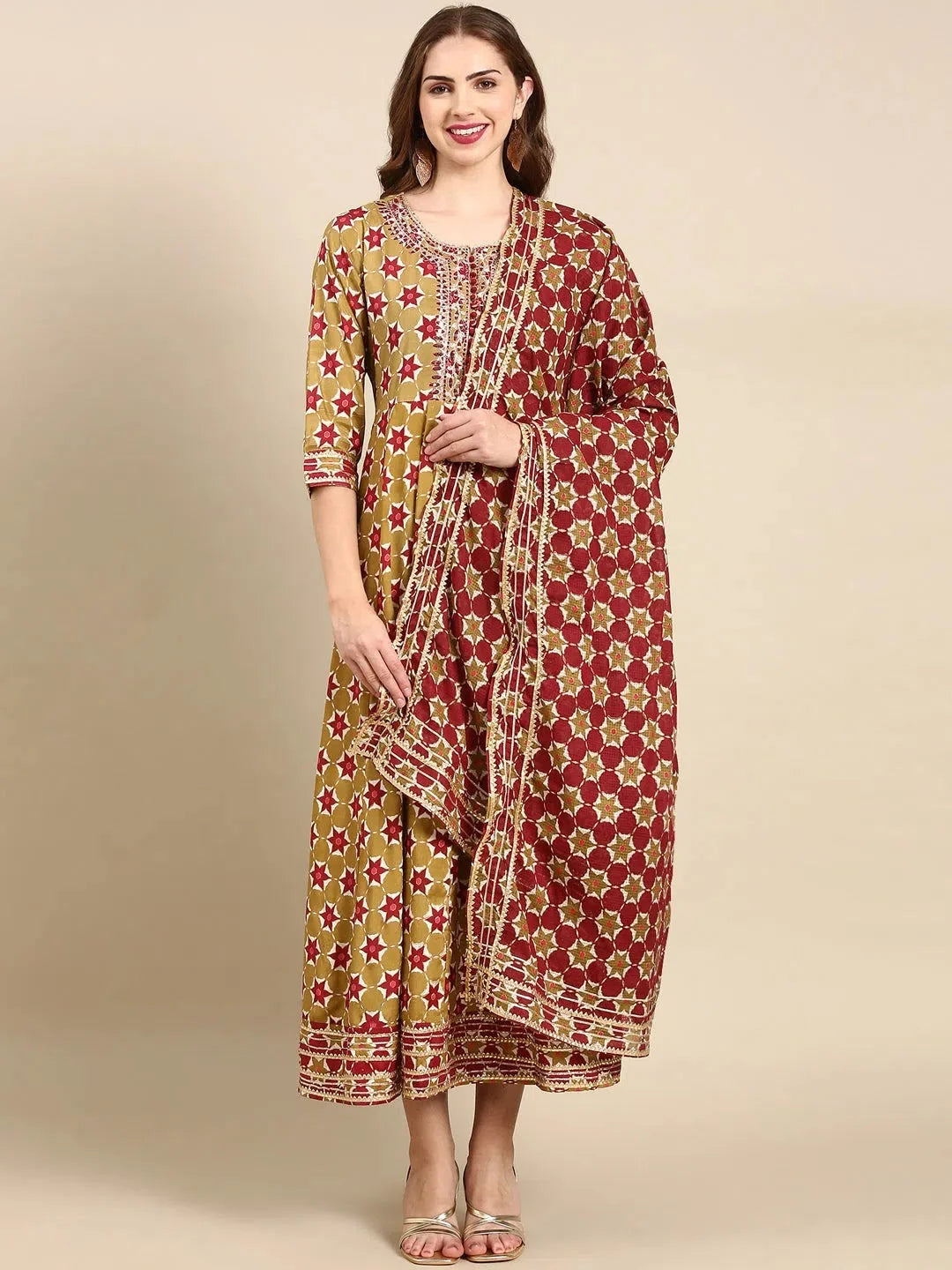 Olive Embellished Anarkali Kurta for Women | Polyester Gown