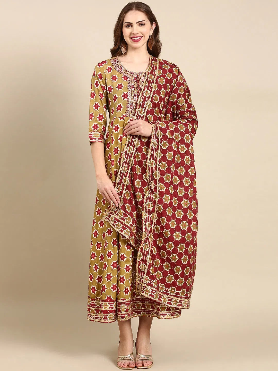 Olive Embellished Anarkali Kurta for Women | Polyester Gown