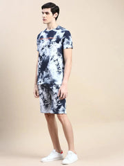 Men White Tie Dye Casual Co ord Set-EX-692-Whitenavyblue
