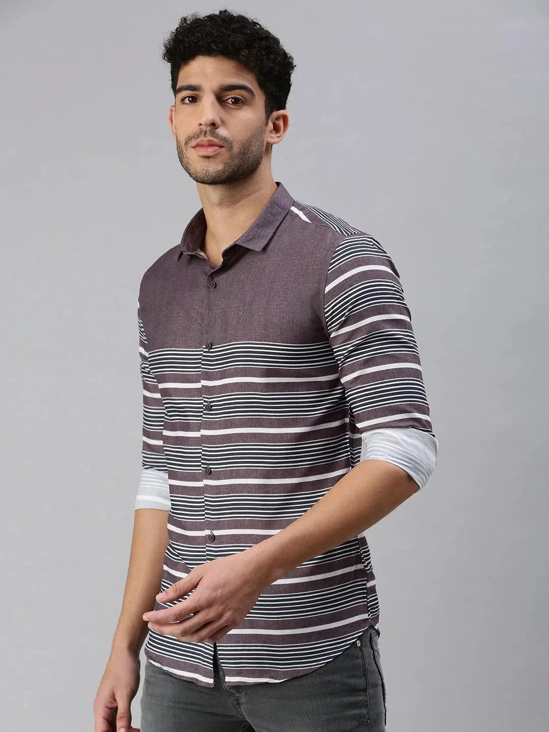 Men's Grey Striped Cotton Shirt | Casual Style