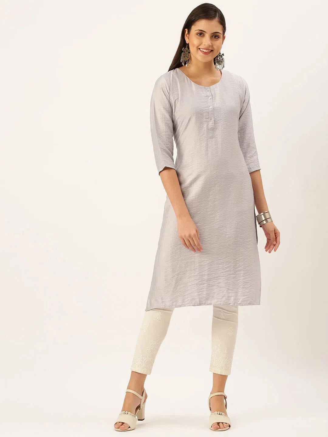 Grey Cotton Indian Kurta for Women - Straight Kurti Design