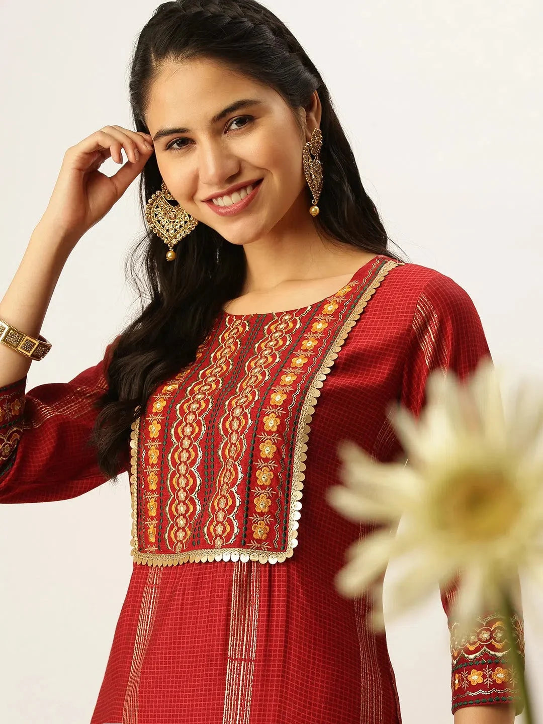 Maroon Checkered Kurta Sets | Women's Designer Kurta Sets
