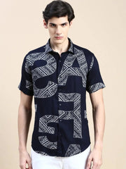 Men Navy Typographic Casual Shirt-GEORGE-1604-Navyblue