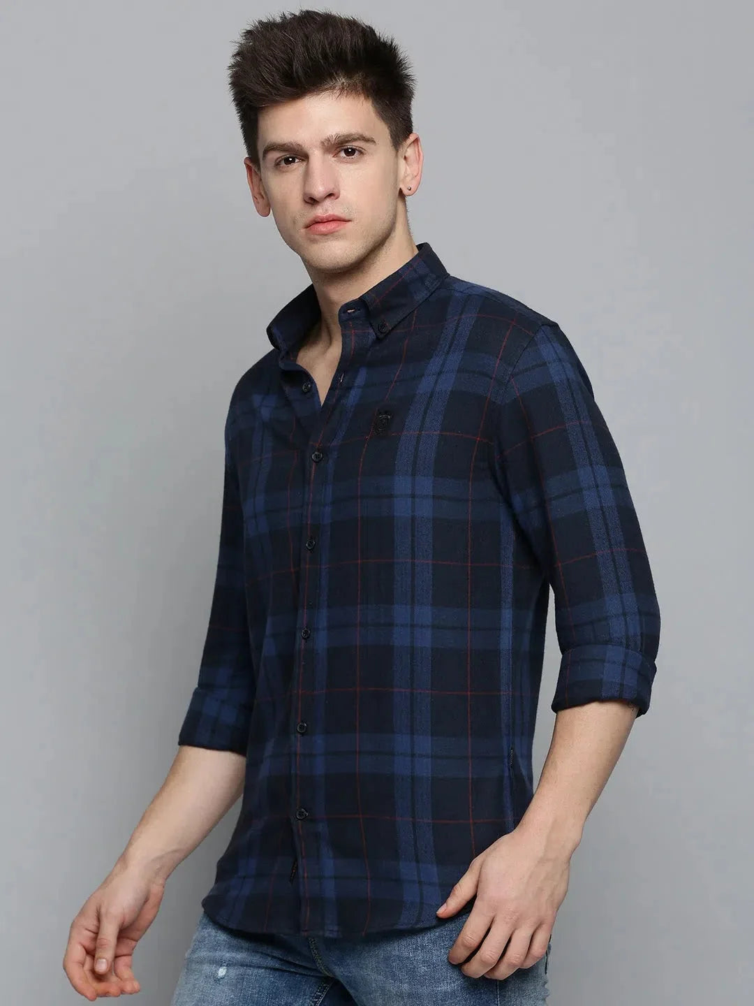 Men's Navy Checkered Cotton Shirt | Casual Mens Shirt