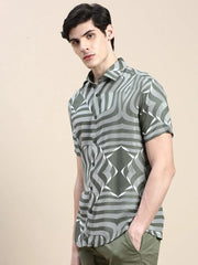 Men Green Graphics Casual Shirt-GEORGE-1609-Olive
