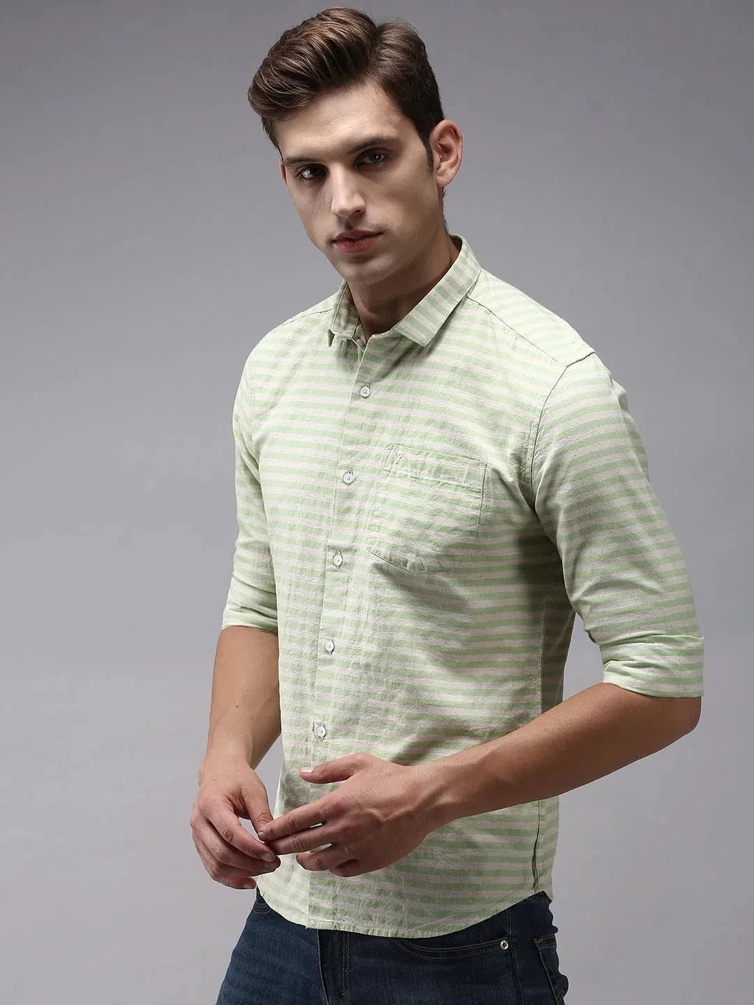 Green Striped Mens Shirt | Cotton Casual Shirt - DesiQlo