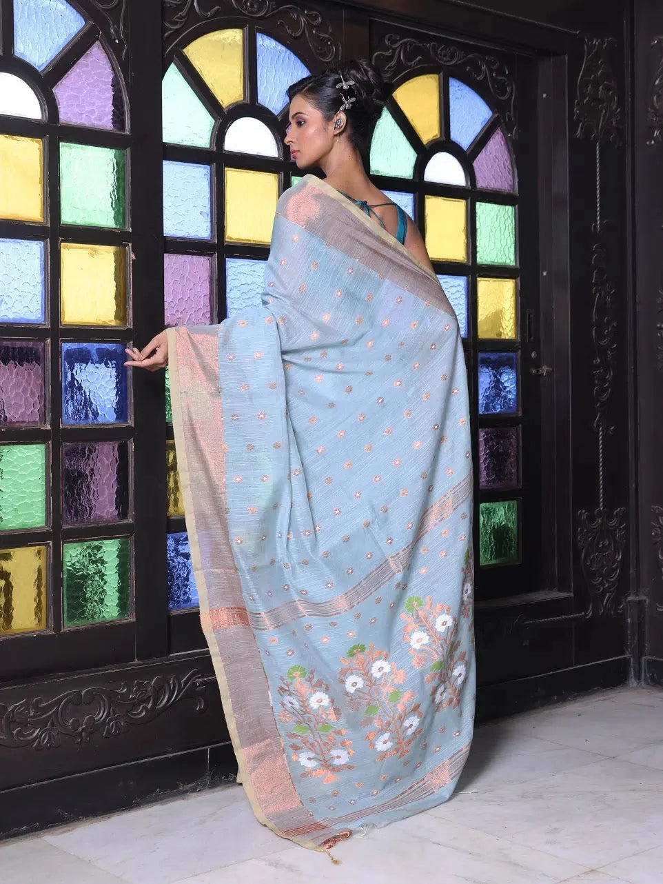 Sky Blue Cotton Saree | Designer Sarees India