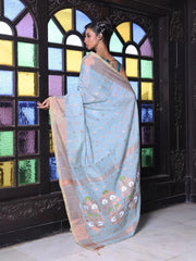 Sea Green Cotton Ikat Saree With Ganga Jamuna Border-MA66BCT431380077