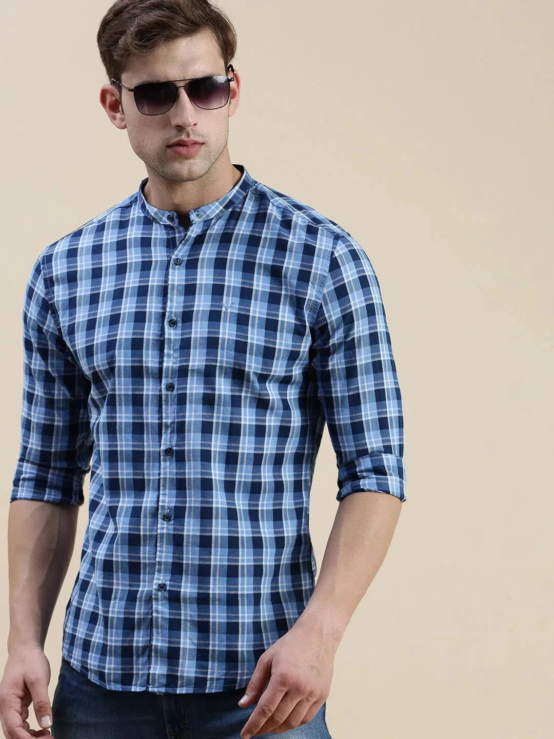 Men Blue Checked Casual Shirt-LAVINIA-1104-Blue